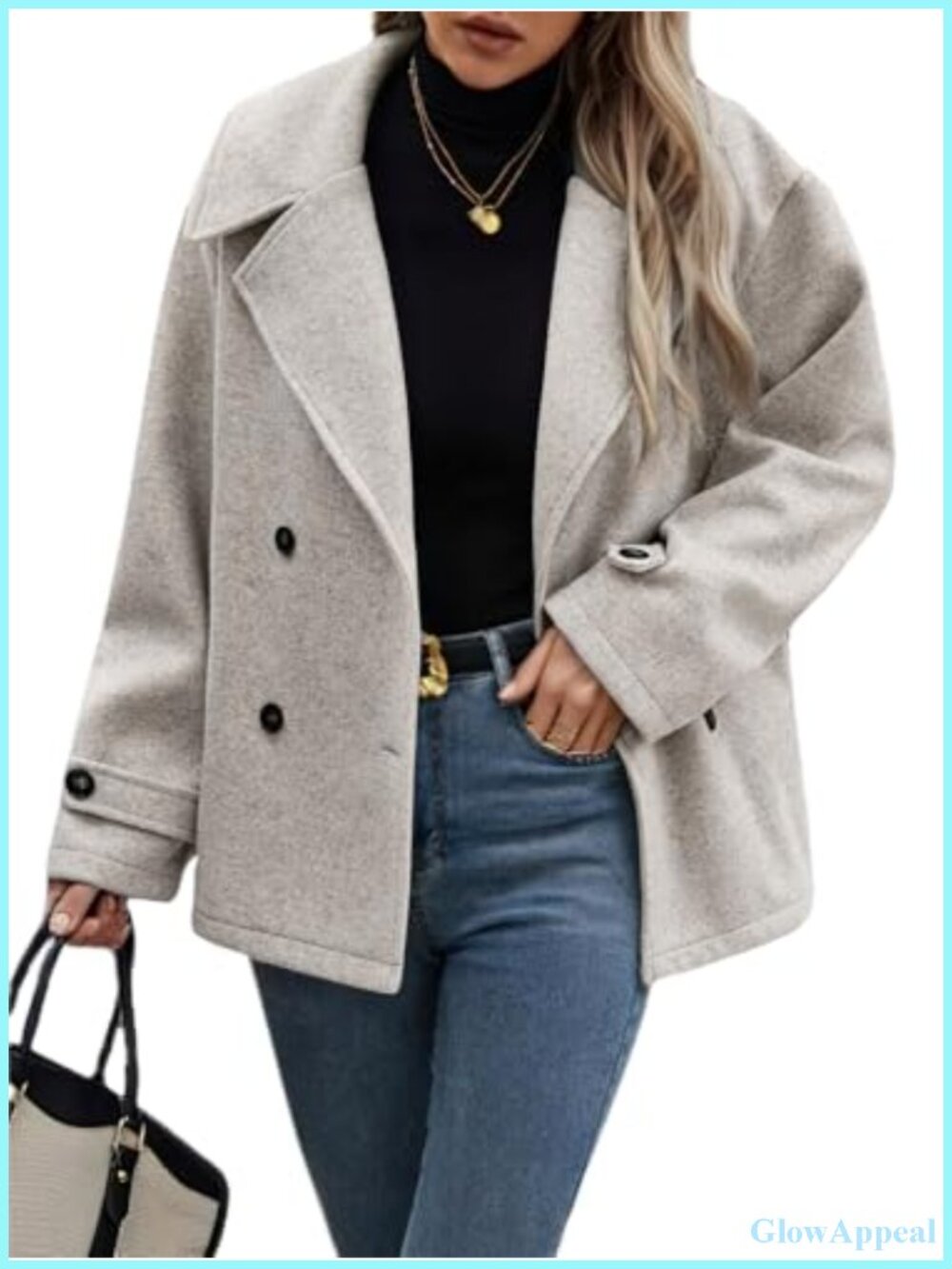 Wool Blend Women's Pea Coat Double Breasted Notch Collar Crop Length
